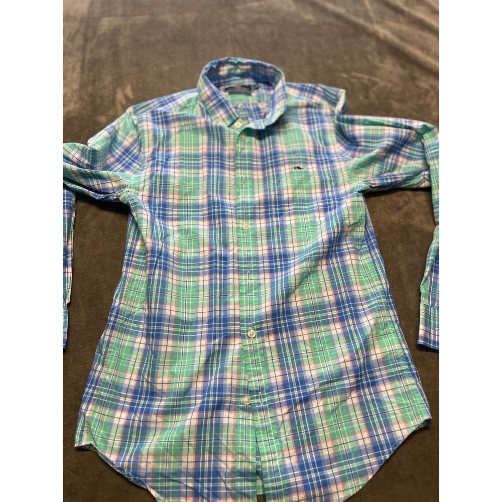 Vineyard Vines Slim Fit Tucker Shirt Mens XS Blue Green Plaid Long Sleeve